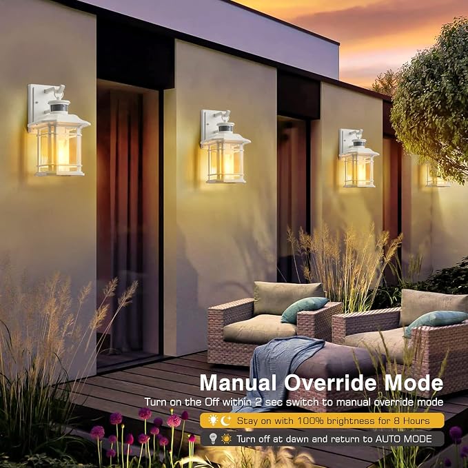 VIANIS Outdoor Motion Lights for House, 2-Pack Dusk to Dawn Outdoor Lanterns for Front Porch Waterproof, Anti-Rust Aluminum Exterior Wall Sconce with Tempered Water Glass for Garage Entrance Entryway