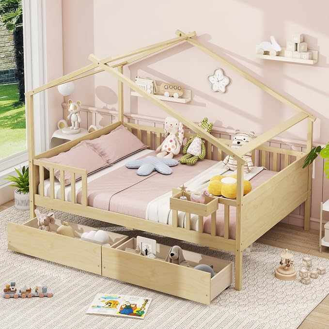 Giantex Full House Bed with Drawers, Wooden Full Size Bed Frame with Cube Storage & Fence Rails, Montessori Beds for Kids Boys Girls, Bedroom, Living Room, No Box Spring Needed, Natural