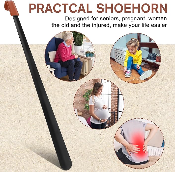 Redriver Metal Shoe Horn Long Handle for Seniors, 28.3'' Extra Long Shoehorn, Shoe Spoon Helpers to Put on Your Shoes for Boots Men Pregnant Women Kids(Brown Handle)