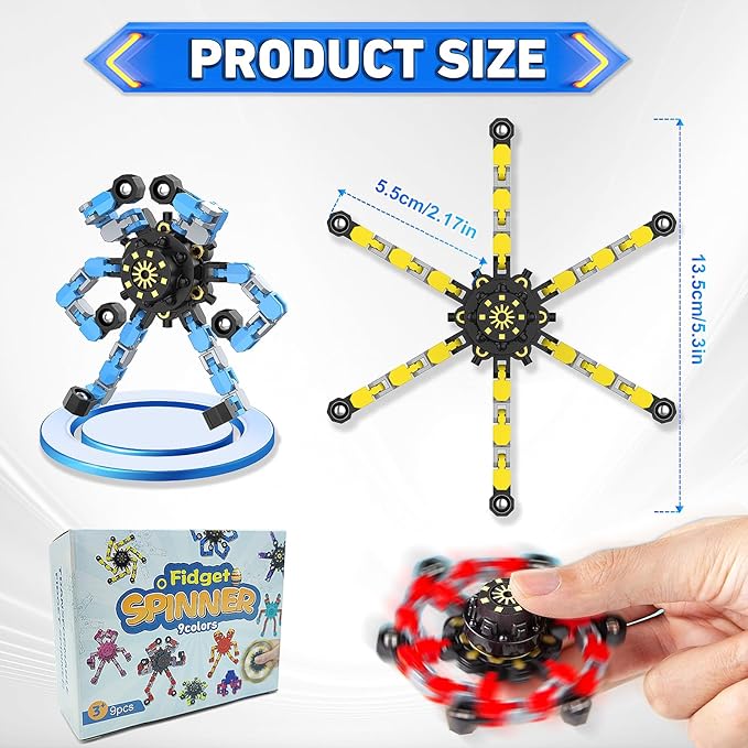 Transformable Fidget Spinners,9PCS Funny Sensory Fidget Toys Adults Deformable Chain DIY Robot Spinner,Fingertip Stress Relief Gyro Toy Halloween Party Favors Christmas Stocking Stuffers for Kids