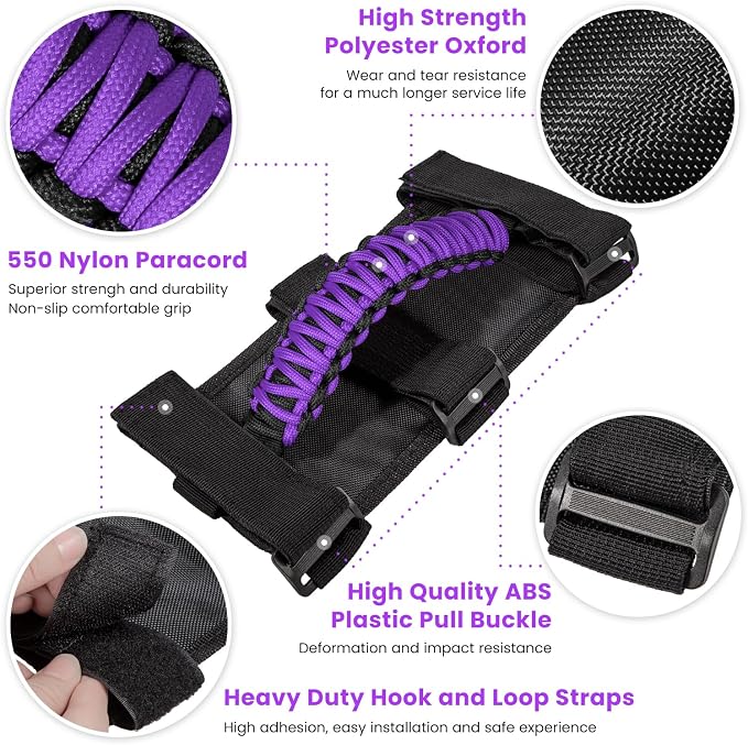 4 x Roll Bar Grab Handles Grip Handle for Jeep Wrangler JK JKU JL JLU TJ YJ Sports Sahara Freedom Rubicon Unlimited Gladiator JT 1955-2023 UTV ATV Premium 550 Paracord Interior Accessories (Purple)