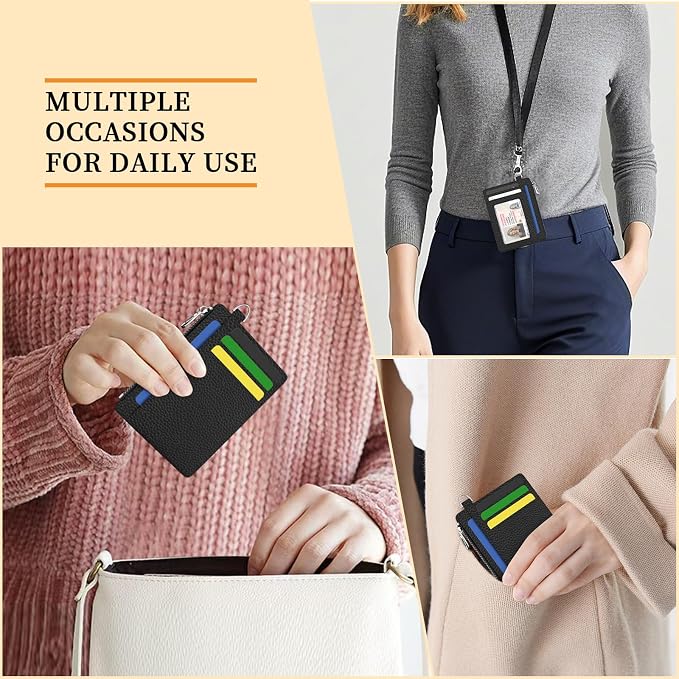 Hancynir Black Minimalist Small Wallet Women Credit Card Holder Slim RFID | Zipper Keychain Wallet, Key Chain, Travel Coin Front Pocket, Ladies Women Men Gifts, Thin Card Case, 6 Card Slots, PU Leather