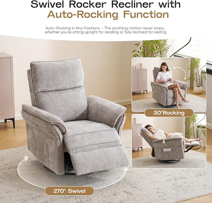 Power Nursery Recliner with Auto Rocking,Oversized Swivel Rocker Recliner with Massage and Heat,Glider Recliner Nursery Chair with Adjustable Headrest for Living Room and Bedroom,Light Grey