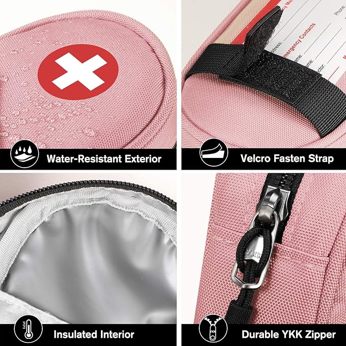 SITHON EpiPen Medical Carrying Case Insulated, Travel Medication Organizer Bag Emergency Medical Pouch Holds 2 EpiPens, Asthma Inhaler, Anti-Histamine, Auvi-Q, Allergy Medicine Essentials, Pink | Emergency Medical Travel Pouch Holds 2 EpiPens, Asthma I...