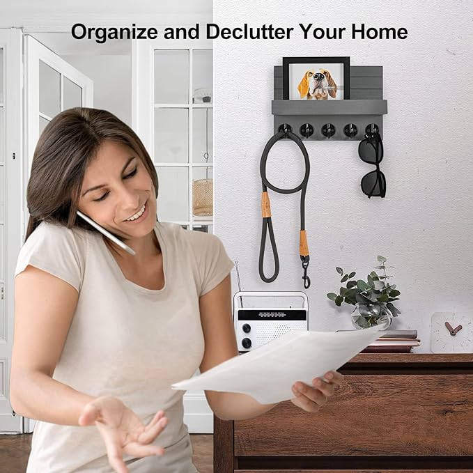 Lwenki Key Holder for Wall, Decorative Key and Mail Holder with Shelf Has Large Key Hooks for Bags, Coats, Umbrella – Paulownia Wood Key Hanger with Mounting Hardware (9.8”W x 6.7”H x 4.2”D)