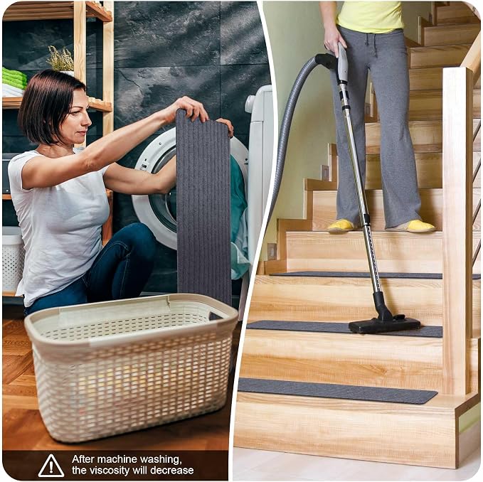 7 PCS Non Slip Stair Treads for Wooden Steps – 8"x30" Indoor Non Slip Stair Treads, Carpet Stair Mats with Self-Adhesive Backing, Removable & Machine Washable – Dark Grey