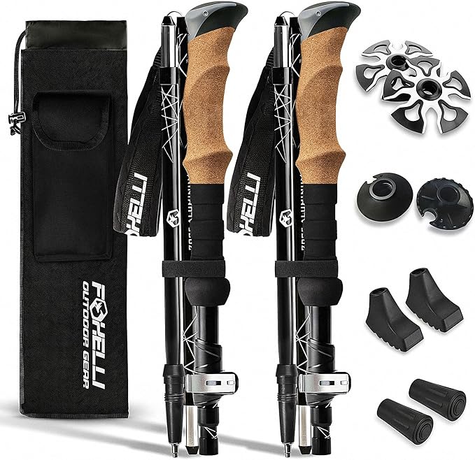 Foxelli Lightweight Trekking Poles – Compact Walking Sticks with Quick Locks, Ergonomic Cork Grip & All-Terrain Accessories – Adjustable Collapsible Poles for Travel & Hiking