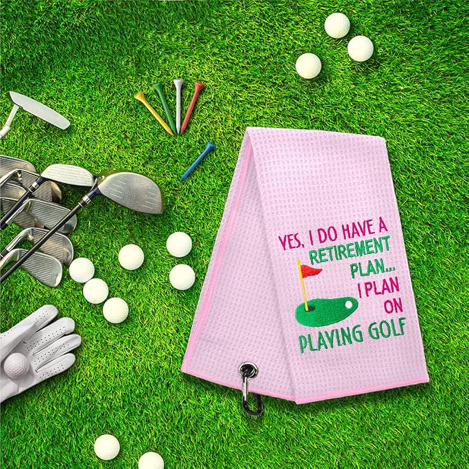 ERHACHAIJIA Yes I'd Have A Retirement Plan Embroidered Golf Towel with Clip. Funny Golf Accessories Gifts for Women Golfer Grandma Mom Aunty, Retirement (Pink)