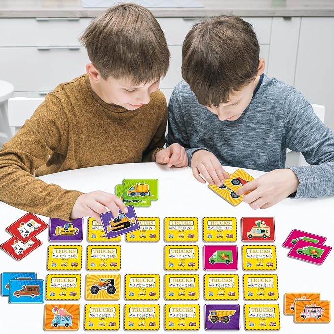 gisgfim 100 PCS Memory Matching Game Trucks Concentration Memory Card Games for Kids Preschool Educational Ages 3-8 A Fun & Fast Vehicle Theme Matching Games