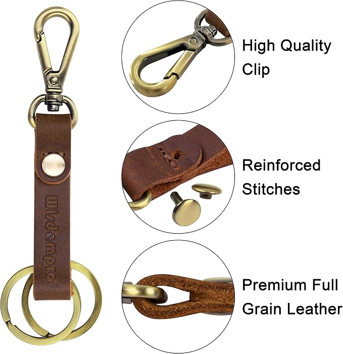 Wisdompro 2 Pcs Genuine Leather Belt Loop Keychain for Men and Women | Heavy Duty Key Chain Holder with Retro Vintage Bronze Belt Loop Clip and 2 Keyrings for Keys, Car Fob