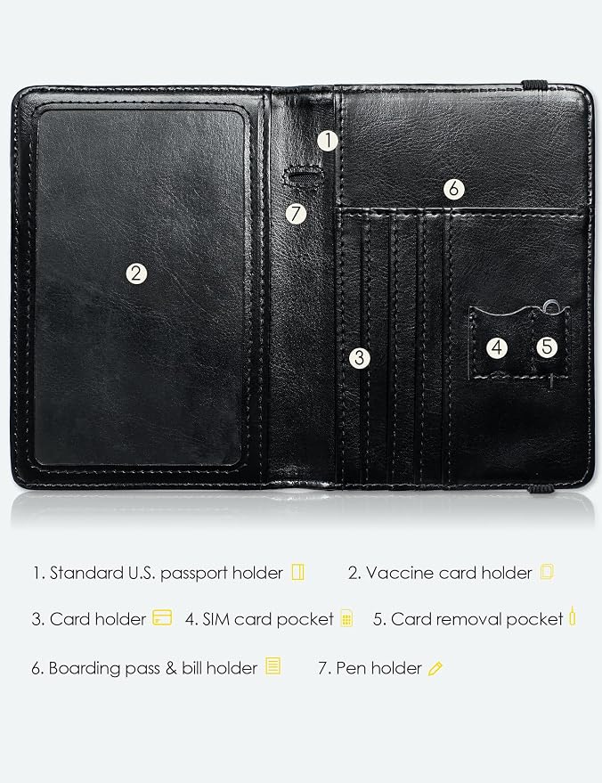 Mymazn Passport Holder with Clear Pocket Passport Case Passport Cover Women Passport Case with RFID Blocking and Vaccine Card Holder Travel Wallet (Black/Gold, Minimalist)