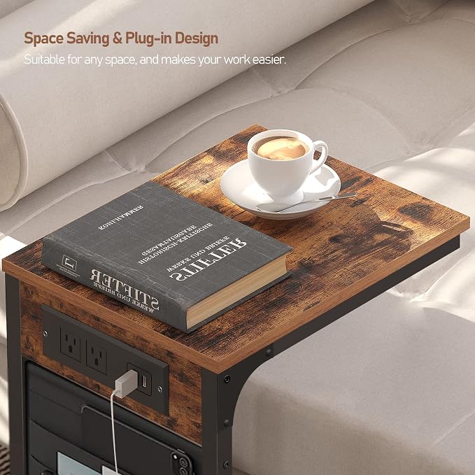 TUTOTAK C Shaped End Table with Charging Station, Side Table for Sofa | Couch Table with Storage Bag, TV Tray with 2 USB Ports and Outlets, Living Room and Bedroom, Brown TB01BB024