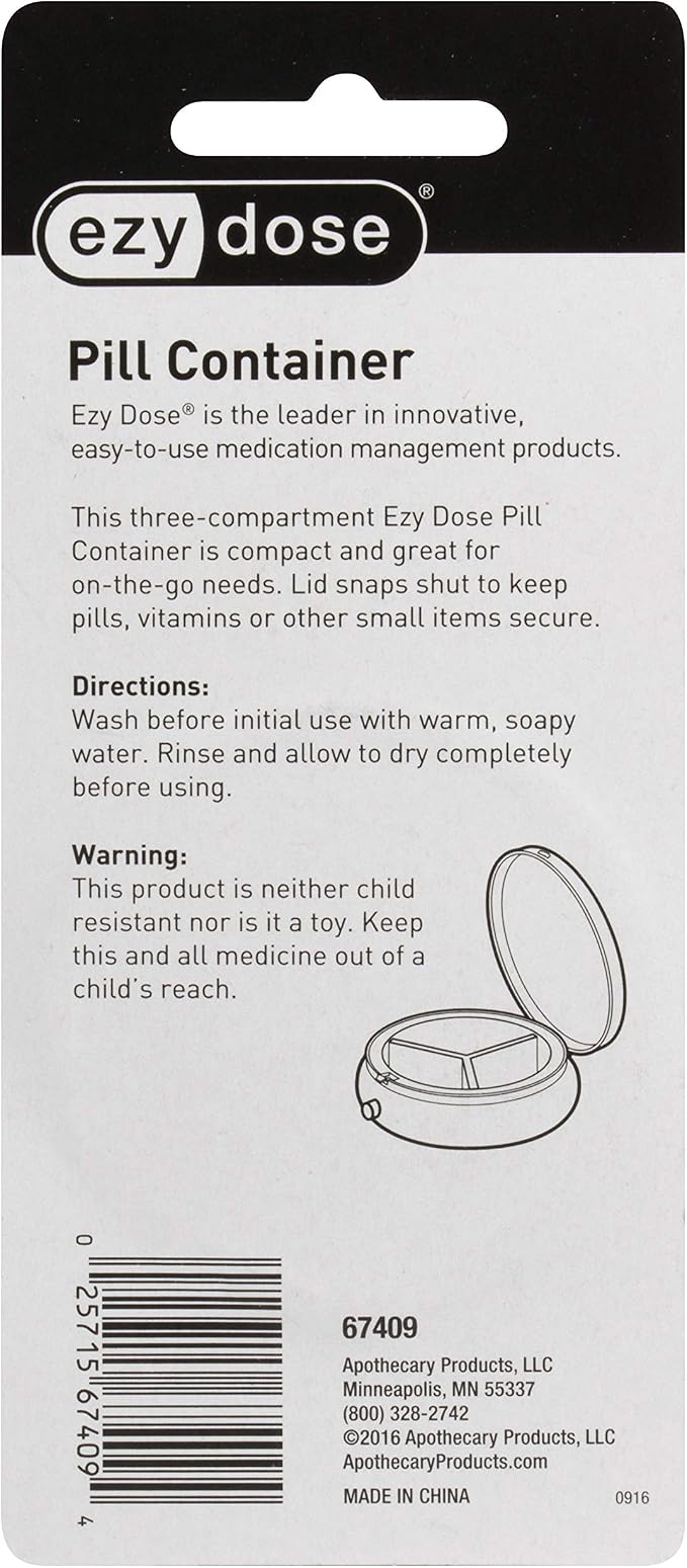 EZY DOSE Fashion Daily Round, Portable On-The-Go Pocket Pharmacy, Pill Box, Organizer and Vitamin Containers, Snap Shut Lids, Perfect For Traveling, Color May Vary, BPA Free