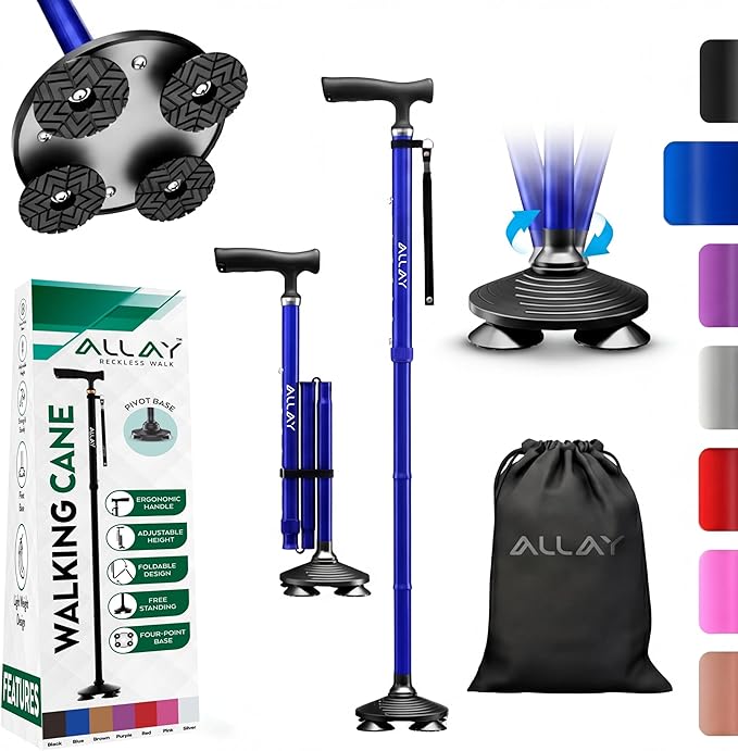 Allay Walking Canes for Men & Women - Adjustable Canes for Women for Stability, Self Standing Wide Quad Pivot Base, Light Weight, Soft Handle Grip and Travel Bag, Walking Sticks for Seniors