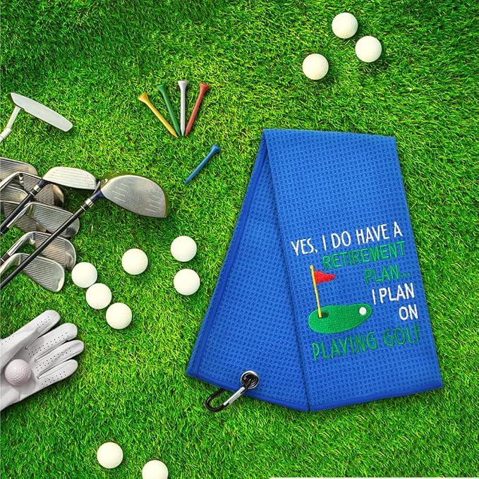 ERHACHAIJIA Yes I'd Have A Retirement Plan Embroidered Golf Towel with Clip. Funny Golf Accessories Gifts for Men Women Golfer Grandma Grandpa Mom Dad, Retirement (Blue)