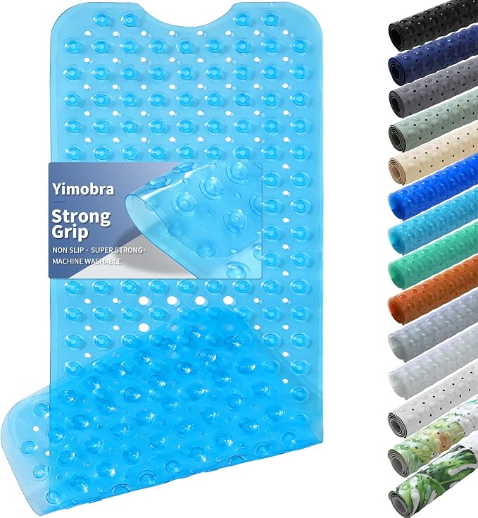Yimobra Non Slip Bathtub Mat 40 x 16 Inch, Extra Long Shower Mat with Drain Holes, Machine Washable Baby Bath Mats, Strong Suction Cups for Bathroom Floor, Clear Blue