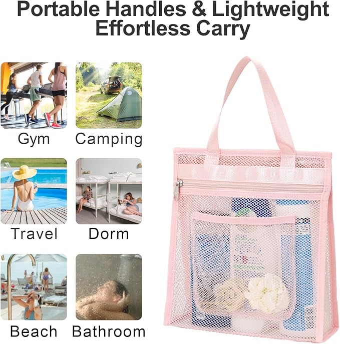 Small Mesh Shower Caddy Portable - Zipper Gym Shower Bag for Travel, Pink | 3 Pockets, Quick-Dry Mesh, S-Hook, Hanging Shower Caddy for Toiletry Essentials, Bathroom & Camping