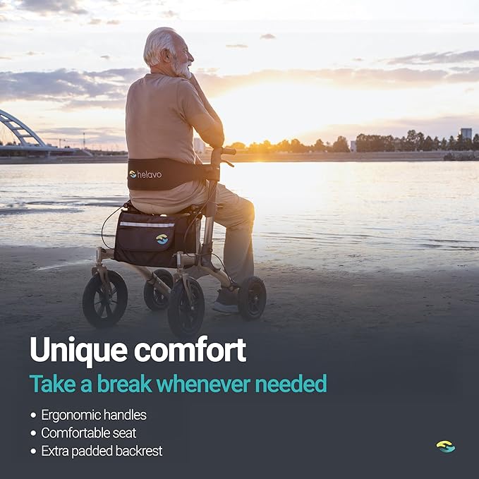 Helavo All Terrain Walker Rollator with 12” Pneumatic Tires – Foldable Outdoor Walkers for Seniors with Seat, Lightweight & Adjustable Height, Shock-Absorbing for Comfort on Any Surface