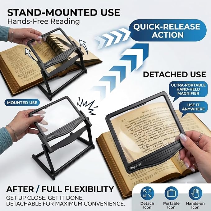 MAGNIPROS 5X Rechargeable LED Page Magnifier with Foldable Stand, Hands-Free Lighted Magnifier with 3 Color Modes, Anti-Glare Lens for Reading Small Print, Low Vision, Seniors, Crafts