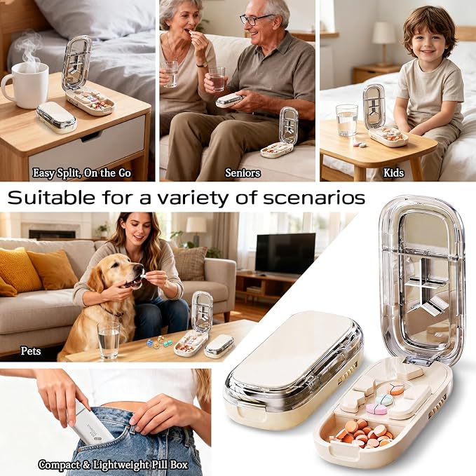 Pill Cutter Splitter for Small or Tiny and Large Pills, Precise Split 1/2, 1/3, 1/4, Pill Divider for Seniors, Adults, Kids and Pets, with Portable Pill Dispenser & Storage Bag and Tweezers