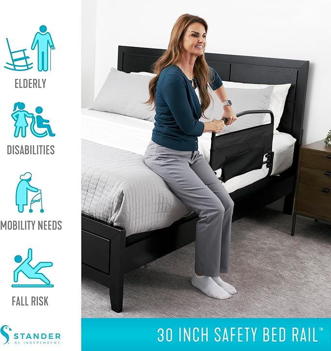 Stander 30inch Safety Bed Rail with Padded Pouch, Folding Guardrail for Adults, Seniors, and Elderly, Bedside Stand Assist Bar, Fits King, Queen, Full, and Twin Beds, ASTM Safety Approved Bedrail