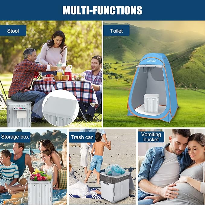 XL Portable Toilet for Adults Extra Large, 15.4"H Foldable Camping Toilet with Detachable Phone Shelf and Toilet Paper Holder, Waterproof Porta Potty with Lid for Camping, Long Road Trips, Car, Gray