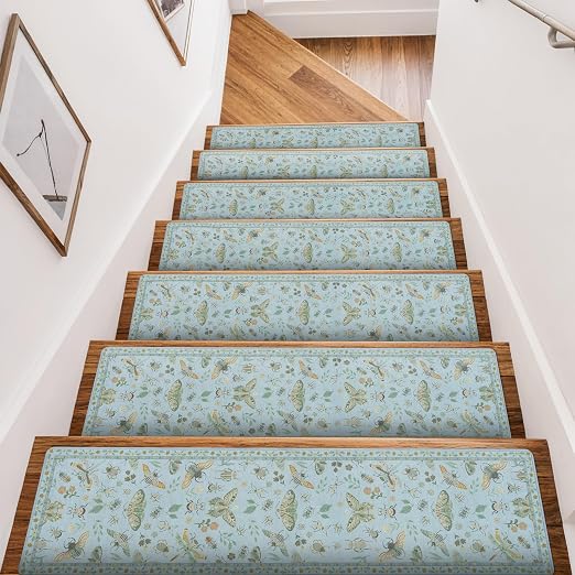 OJIA Insect Stair Treads for Wooden Steps 15PC 30"x8" Non-Slip Stair Runner | Indoor Stair Runners Carpet Stair Treads Mats Staircase Step Treads for Kids, Elders & Dogs, Stair Covers, Blue
