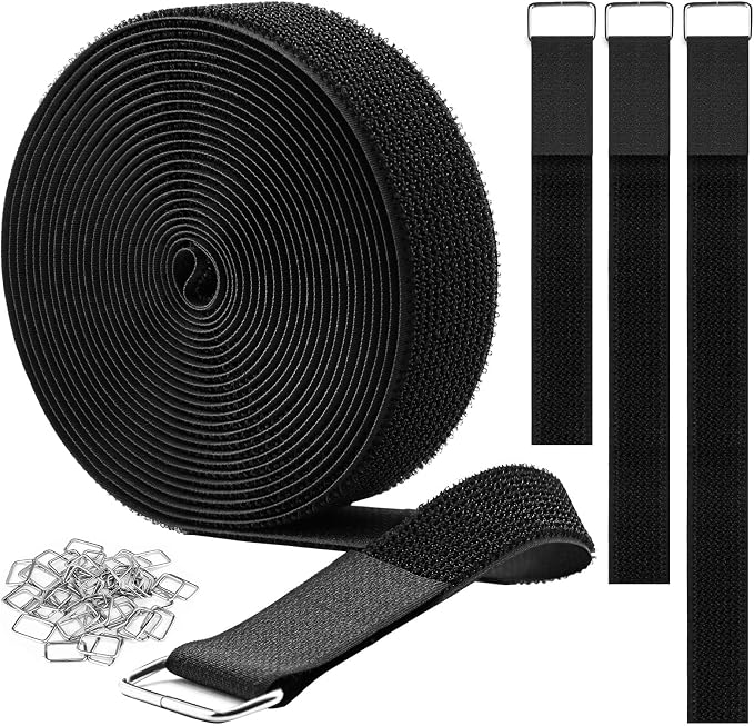YMCRLUX 1.5"x16ft Hook and Loop Straps with 15 Metal Buckles, Adjustable Fastening Cable Straps, Cut-to-Length Cinch Strap, Reusable Nylon Securing Cord Ties for Organizer or Storage, Black