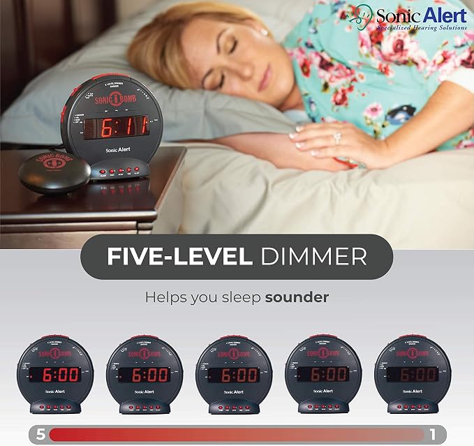 Sonic Bomb Dual Extra Loud Alarm Clock with Bed Shaker, Black | Sonic Alert Vibrating Alarm Clock Heavy Sleepers, Battery Backup | Wake with a Shake
