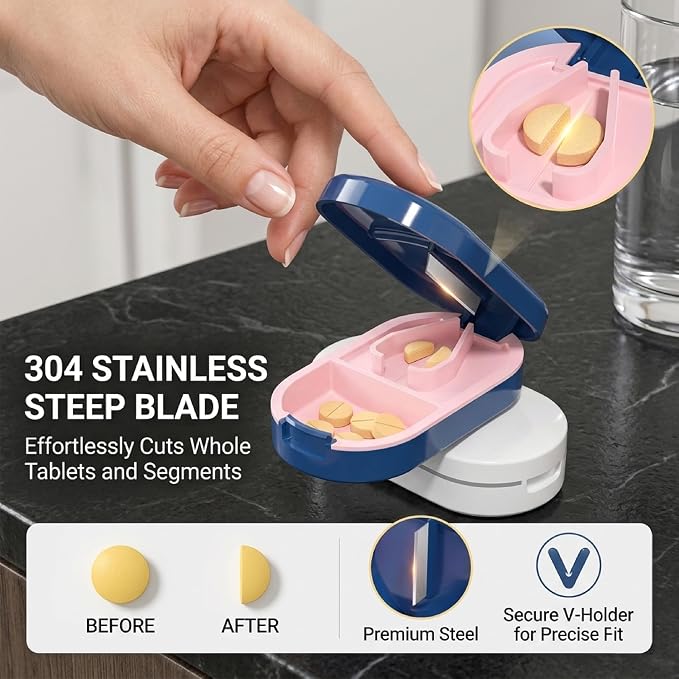 Pill Splitter with Stainless Steel Blade, BPA-Free Pill Cutter, V-Shaped Precision Pill Cutting Device, Portable Travel Pill Divider for Cutting 1/2 1/4 1/8 Small Medium Pills (Blue)