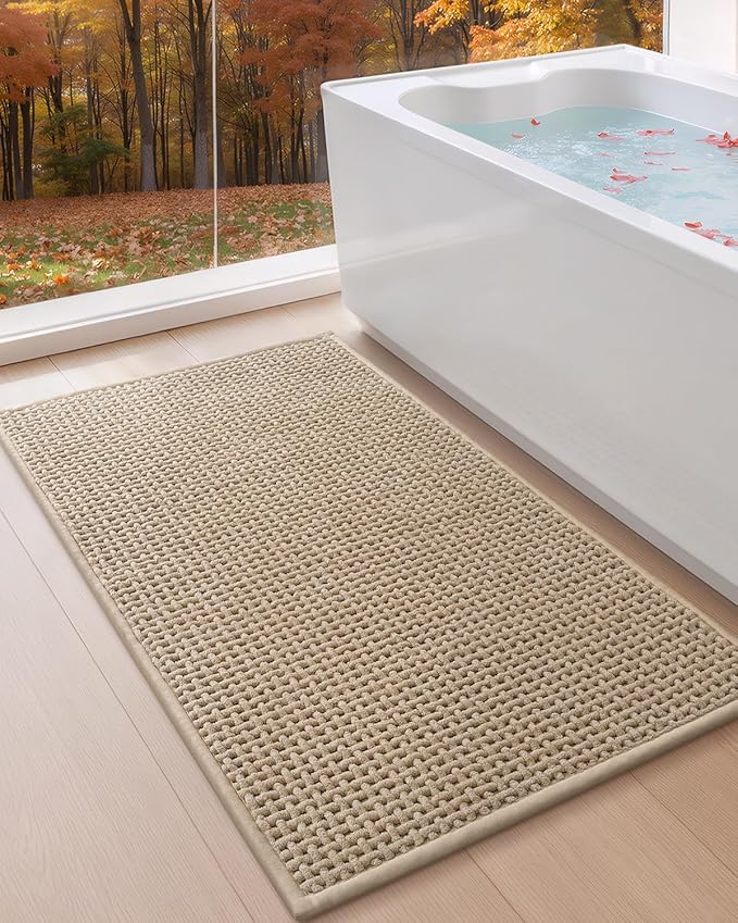 Color&Geometry Chenille Pile Large Bathroom Rugs Upgraded Denser, 24"x36" Non Slip Absorbent Khaki Bath Mats for Bathroom Thin Fit Under Door, Washable Quick Dry
