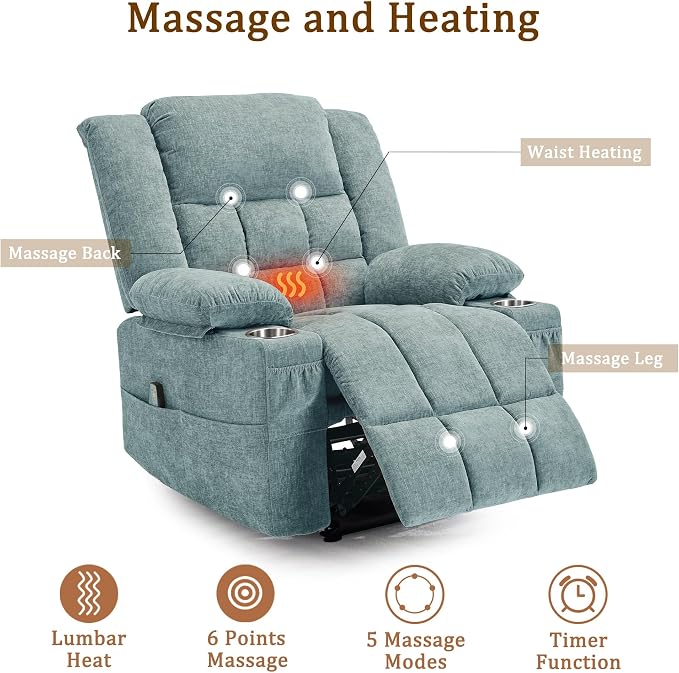 Korser Recliner Chair, Wall Hugger Recliners for RV with Massage and Heating, Zero-Gravity Recliner, Electric Power Recliner Chair for Living Room, Bedroom, Home, Theater Seating (Lakeblue)