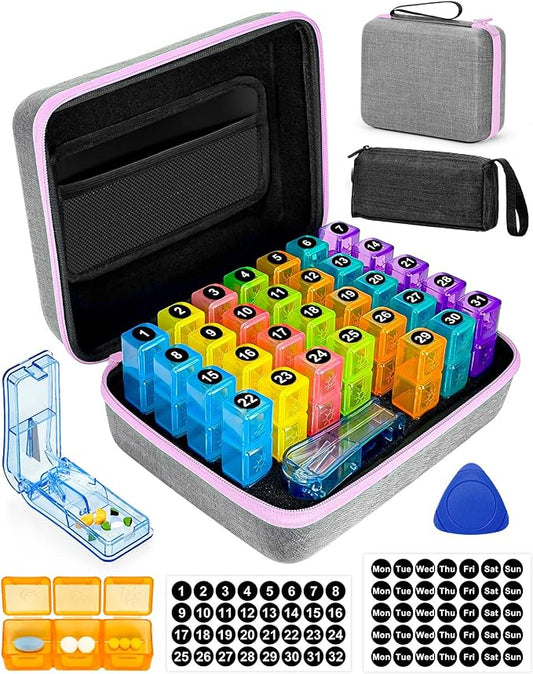 Monthly Pill Organizer 3 Times a Day with Weekly Pill Bags, Portable Hard Shell Case, Pill Cutter & Opener Pick, Monthly and Weekly Stickers for Medication Management (Purple, 3 Times a Day)