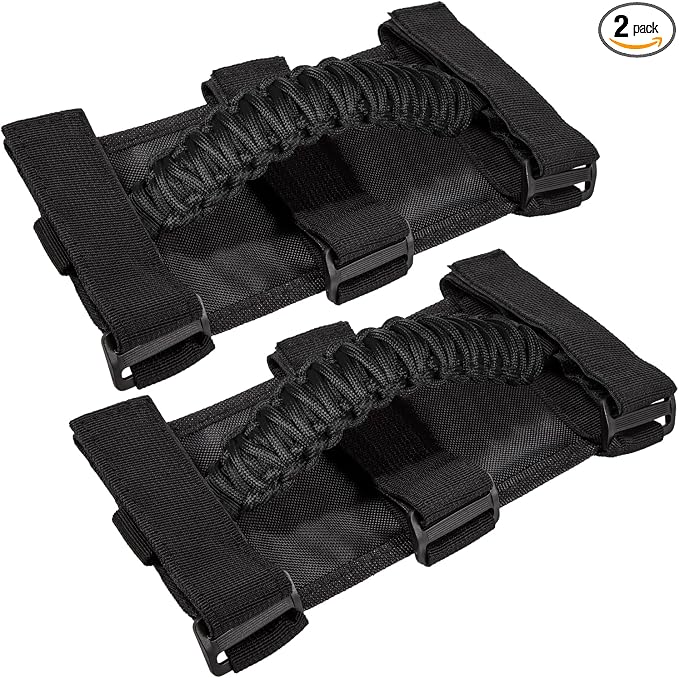 Roll Bar Grab Handles Grip Handle for Jeep Wrangler JK JKU JL JLU TJ YJ Sports Sahara Freedom Rubicon Unlimited Gladiator JT 1955-2023 UTV ATV Accessories Premium 550 Paracord (Black 2 Pack)