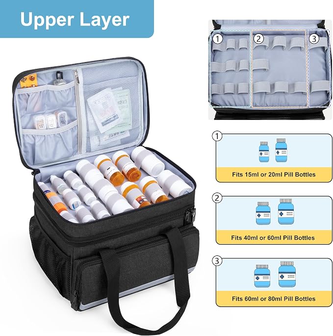 CURMIO Double Layers Pill Bottle Organizer, Medicine Storage Case, Black | Emergency Medical Supplies for Home Care, for First Aid Kits, Multifunctional Bag, Home Storage, Dormitory, Travel, Empty Bag