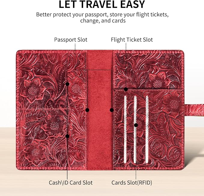 Genuine Leather Passport Holder Travel Bifold Wallet | For Men And Women Slim RFID Blocking Red