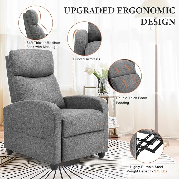 OLIXIS Recliner Chair for Adults, Home Theater Seating with Lumbar Support | Fabric Reclining Sofa Chair Seat for Living Room, Recliners, Gray