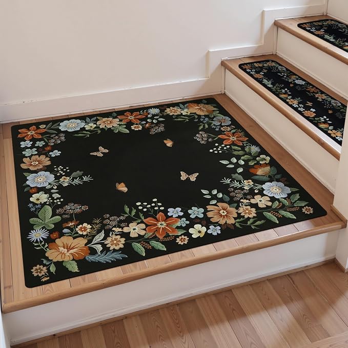 OJIA Floral Stair Treads Non-Slip Landing Mat for Wooden Steps 31"x31" | Square Carpet Stair Treads Rubber Backing Stair Runner Anti-Slip Stair Matching Mat Stair Rugs Carpet for Stairs