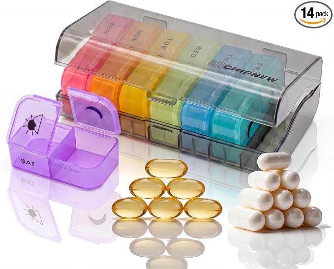 Weekly Pill Organizer 2 Times a Day, AP PM Pill Box，Detachable Pill Case | Food-Grade Material,Travel-Friendly,7 Day Pill Container Medium,Compartment holds up to 6 fish oil or 10 vitamin-Translucent