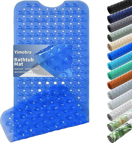 Yimobra Non Slip Bathtub Mat 40 x 16 Inch, Extra Long Shower Mat with Drain Holes, Machine Washable Baby Bath Mats, Strong Suction Cups for Bathroom Floor, Clear Navy Blue