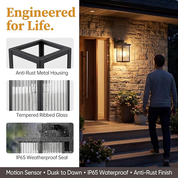Motion Sensor Porch Light, Dusk to Dawn Outdoor Wall Light, Black | 2 Modes, 220° Motion Detection, Auto On and Off, Anti-Rust Metal Frame, Pre-Assembled DIY Install on Porch, Garage