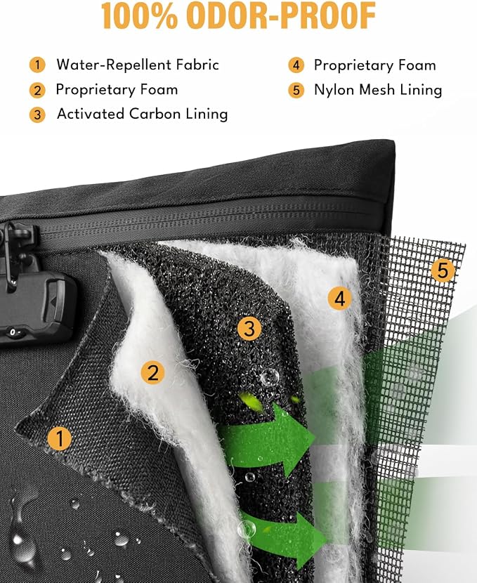 Smell Proof Bag, Odor Proof Bag with Combination Lock, Durable Smell Proof Container with Carbon Lining, Secure Odorless Travel Pouch for Home & On-the-Go (Black, 12.5″x9.5″)