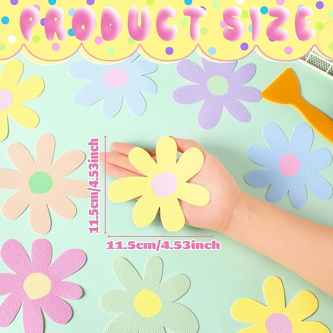 24 Pcs Non Slip Macaron Colors Flowers Bathtub Sticker Daisy Skidproof Shower Sticker Anti Slip Shower Decals Bathe Treads Adhesive Appliques Scraper Bright Adhesive Decal for Bathroom Decor