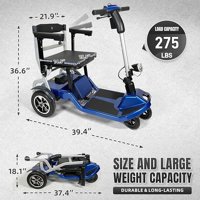 R3b-Mobility Scooters for Seniors Adults Ultra Lightweight 37.5 Ibs Electric Powered Folding 4 Wheel Mobility Scooter with Cup Holder, Compact & Convenient for Travel Airline Approved, Blue