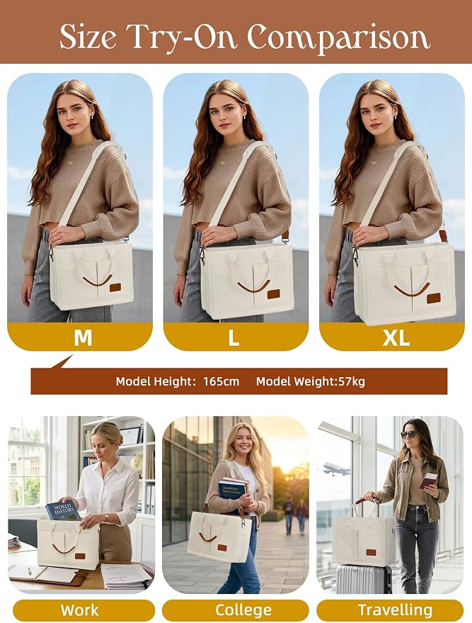 FIORETTO Canvas Tote Bag for Women with Zipper Closure & Individual Compartments for Work College for Teacher & Nurse