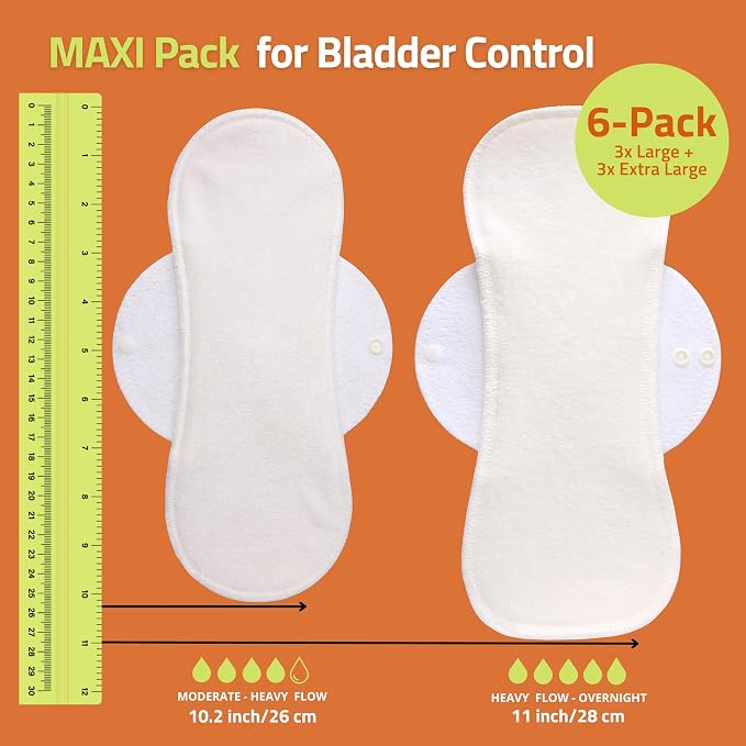 High-Absorbency Reusable Incontinence Pads for Women’s Bladder Control (6-Pack, L & XL) – Leak-Proof & Odor-Free Sanitary Cloth Pads – High Temp Washable, Non-Slip Organic Cotton & Gentle on Skin