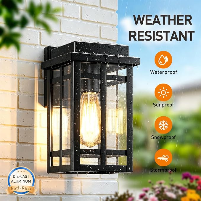 Outdoor Wall Light Fixtures 9.76'', Porch Lights Lantern, 2 Pack | Waterproof Exterior Modern Matte Black Wall Mount Lighting, Anti-Rust E26 Socket Outside Scones for Front Door Garage Patio