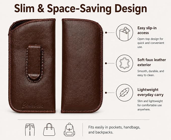 Calabria Slim Faux Leather Eyeglass Case Soft Slip-In Design [Brown - 100 Pack] | Compact Protective Pouch | Soft Case for Glasses | Lightweight Sunglass Storage