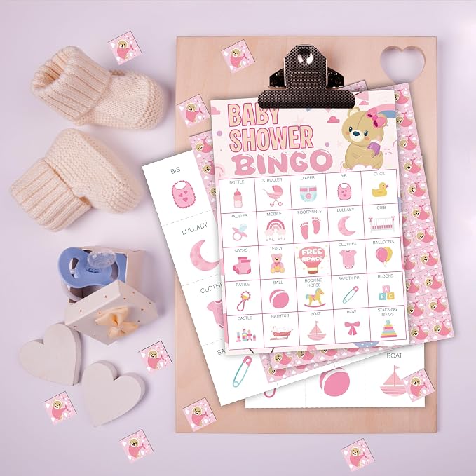 Baby Shower Bingo Game Cards Set for Guests Adults, Pink Bear Baby Shower Party Bingo Game Gender Reveal Bingo Game for Family Friends Large Group Activity, Favors Supplies Decorations