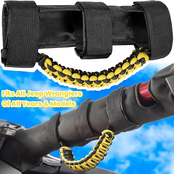 4 x Roll Bar Grab Handles Grip Handle for Jeep Wrangler JK JKU JL JLU TJ YJ Sports Sahara Freedom Rubicon Unlimited Gladiator JT 1955-2023 UTV ATV Premium 550 Paracord Interior Accessories (Yellow)